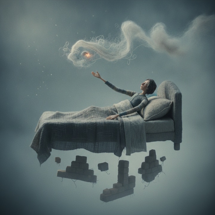 Felt figure in a floating bed reaching up for a glowing dream wisp