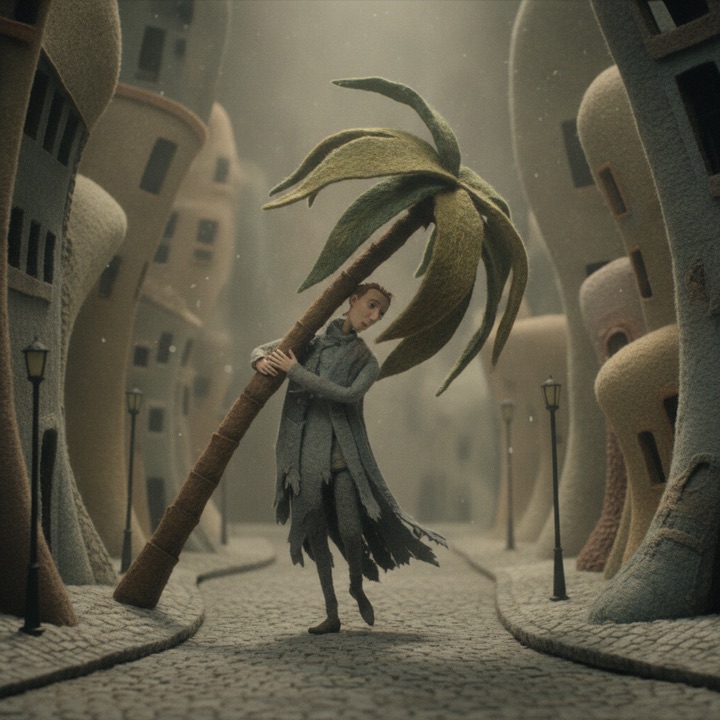 Figure carrying a felt palm tree through a surreal woolen city street