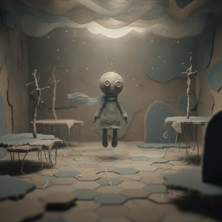 Small felt doll floating in a quiet dream room under a starry ceiling