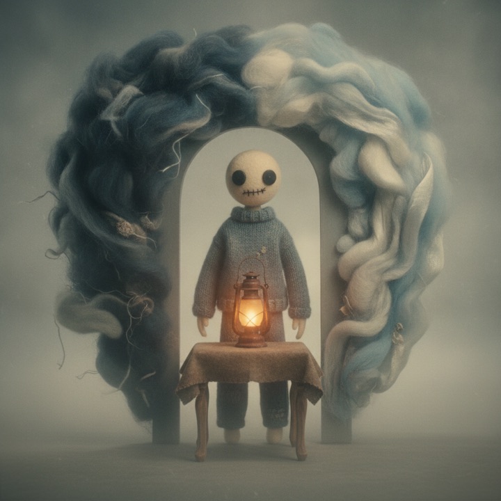 Felt doll holding a glowing lantern beneath an arch of dark and light wool