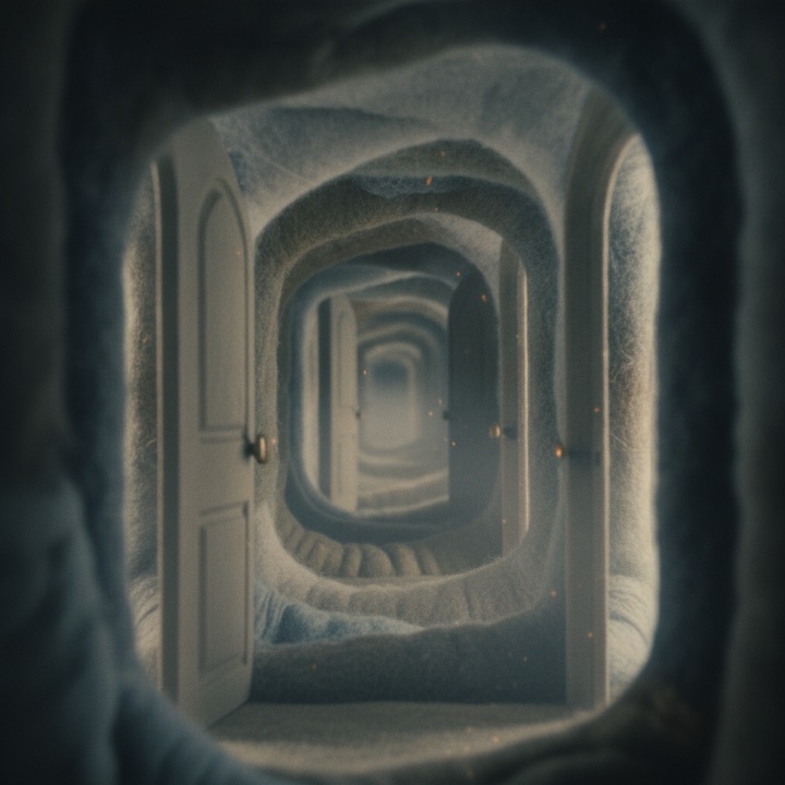 Felt corridor of doorways repeating into the distance